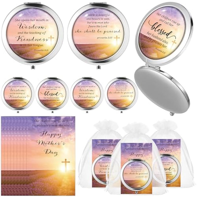 24 Sets Mother's Day Church Gifts Bulk Christian Compact Makeup Mirror Bible Verse Round Pocket Mirror with Gift Cards Organza Bags for Women (3 Style)