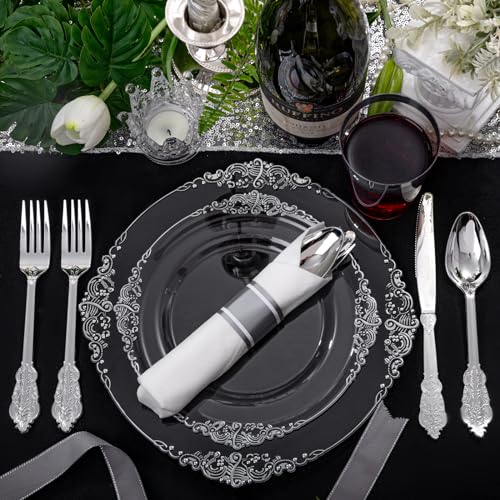 Morejoy 350PCS Clear Silver Disposable Plates Set - Elegant Party Dinnerware