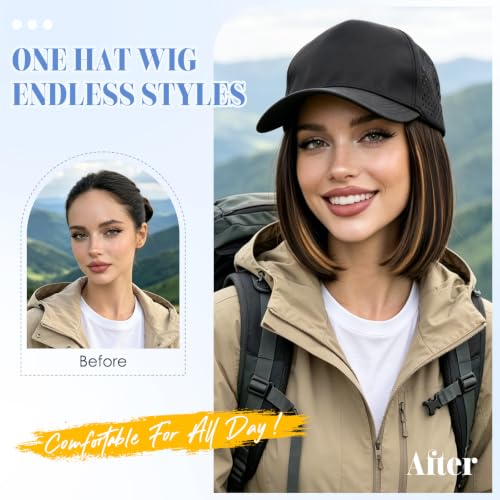 Quick Dry Baseball Cap Wigs for Women - Black & Brown 8 Inch Short Bob Style with Ventilated Design