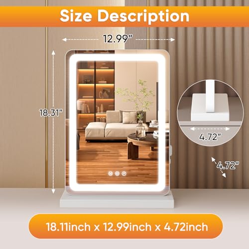 NEWBULIG 18.5"x13" LED Lighted Vanity Mirror, Smart Tabletop Makeup Mirrors with Lights for Desk, Touch Control Dimmable Brightness, 3 Color Lighting Modes