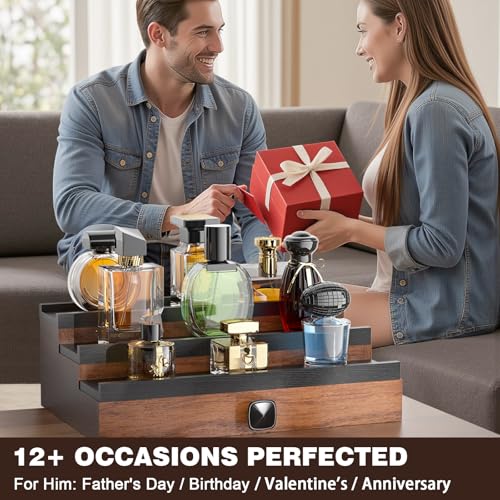 Cologne Organizer for Men: with Drawer, 3 Tier Wooden Cologne Stand Desktop Perfume Display Shelf, Bedroom Dresser Makeup Lotion Jewelry Storage Organizer