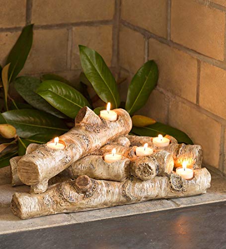 Faux Birch Wood Resin Candle Holder for Fireplace - Holds 8 Tea Lights - 18 Inches