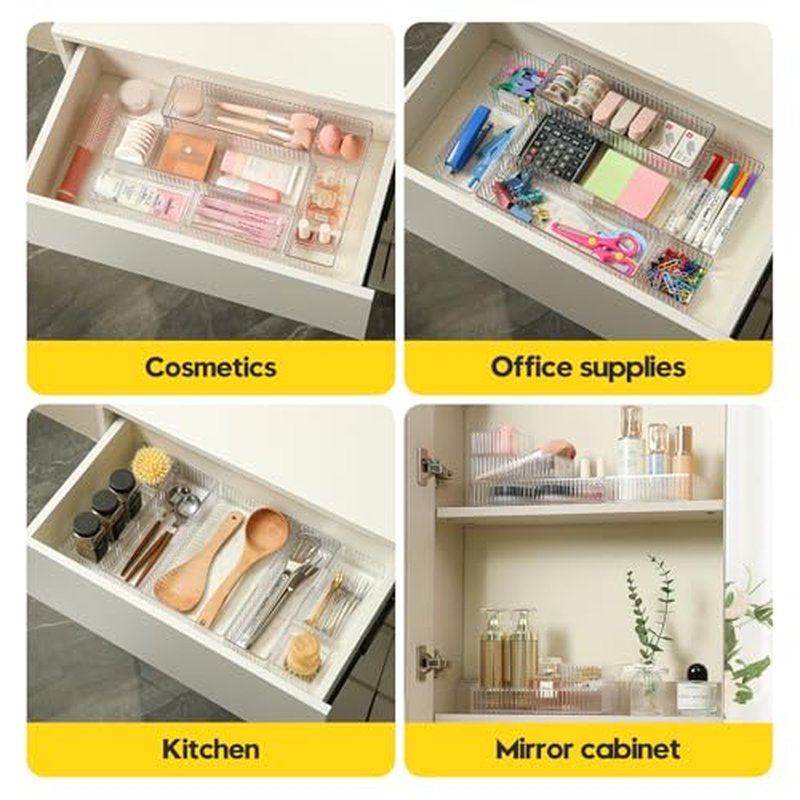 7 PCS Clear Drawer Organizer Bins with Locking Clips - Stackable Interlocking Makeup Vanity Organizer Trays for Bathroom, Cosmetics, Kitchen, Office - Acrylic Storage Containers Set