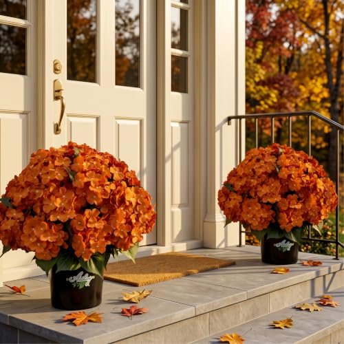 Artificial Hydrangea Flowers 22 Inch Tall with Pot for Outdoor Garden Decor - Orange, 2 Pack