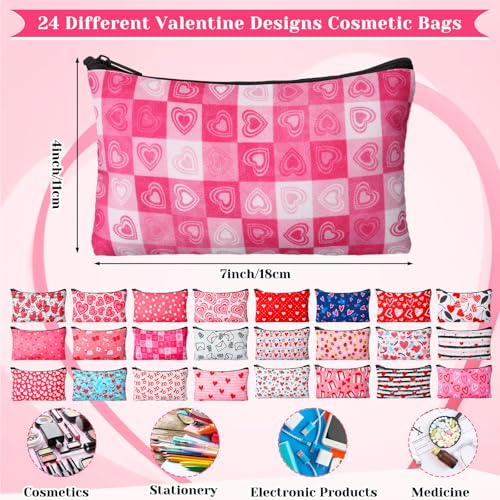 Meanplan 24 Pcs Valentine's Day Cosmetic Bags Heart Love Makeup Bags Travel Zipper Cosmetic Organizer Valentine's Day Gift for Women and Girls 24 Styles