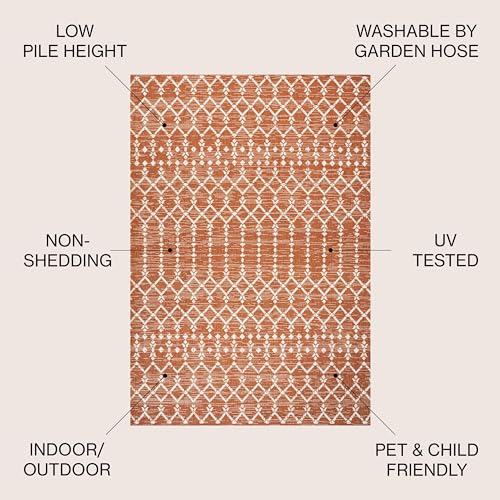 Outdoor Indoor Moroccan Geometric Area Rug 7'9" x 10' Orange Cream Textured Weave