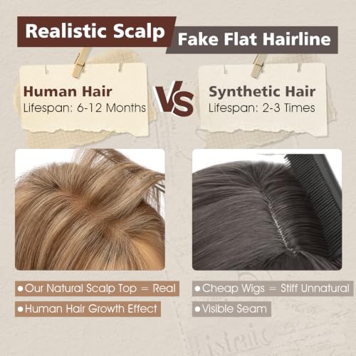 Rich Choices Human Hair Topper with Side Bangs, 11 Inch, Medium Brown Highlight Dark Blonde, Remy Toppers for Women