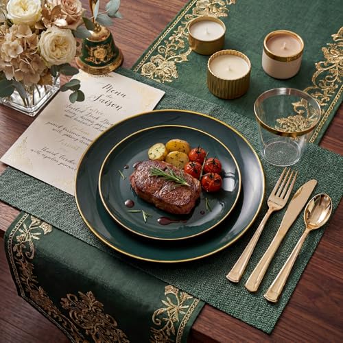 Green Disposable Plastic Plates Set for 50 Guests - Dinner & Dessert Plates, Gold Silverware, Cups & Napkins - Variation: Green