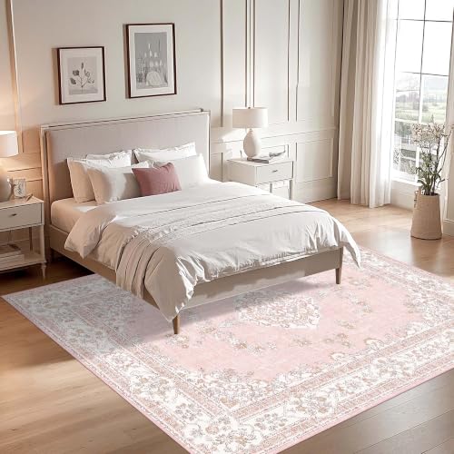 Vintage Washable Area Rug 6x9 - Soft Pink Oriental Style Living Room Bedroom Nursery - Variation: Soft Pink / 6' x 9' Rectangular