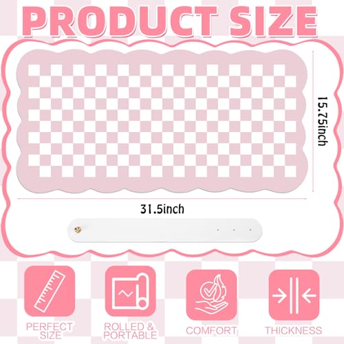 Nuanchu Pink Checkered Make up Mat, Pastel Vanity Makeup Pad Dual Sided Make up Mat for Vanity Easy to Clean Makeup Pad Waterproof and Oilproof(Scalloped)