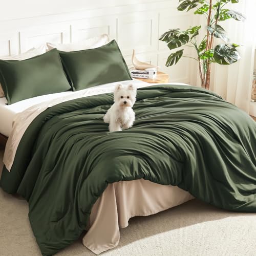 Oversized King Comforter Set - Lightweight Boho Bedding with Pillowcases - Dark Olive Green