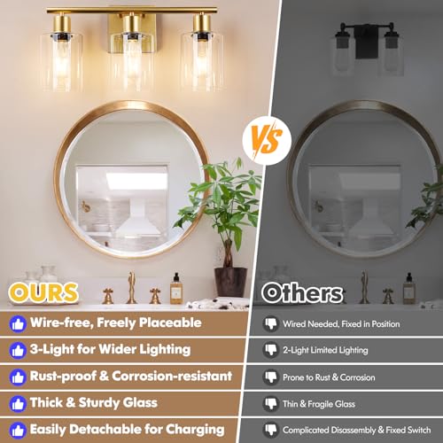 Brightever Gold Battery Operated 3-Light Dimmable Wireless Vanity Wall Sconce with Remote