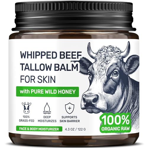 Beef Tallow for Skin ? Grass Fed Whipped Tallow and Honey Balm, Face and Body Moisturizer with Beeswax and Wild Honey, 3-Ingredient Fragrance Free Non Comedogenic Formula for Dry Sensitive Skin