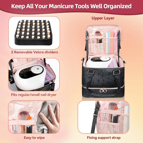 Nail Polish Organizer Bag Holds 126 Bottles (15ml/0.5fl.oz)& Nail Lamp, 3 Layers Detachable Nail Kit Storage Case PU Leather, Large Travel Nail Supplies Shoulder Bag for Manicure Tools (Black)