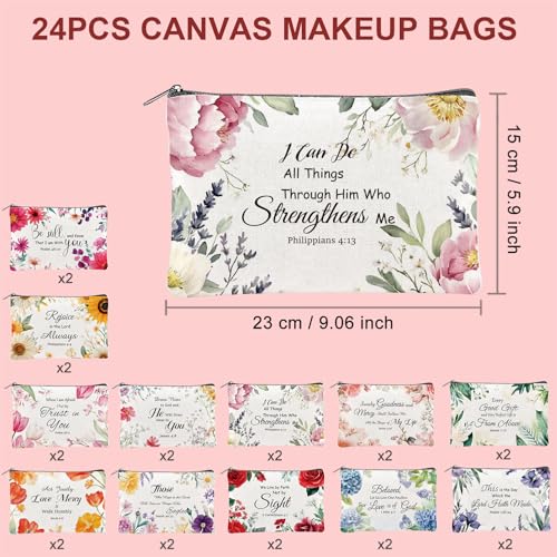 24PCS Christian Canvas Makeup Bags Bulk Inspirational Cosmetic Bags for Women Bible Verse Canvas Zipper Pouch Bulk Religious Makeup Organizer Bags Christian Gifts for Women(Flower)