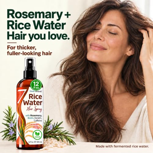 Seven Minerals Rosemary and Rice Water Hair Growth Spray 12 Fl Oz - Fermented Rice Water Mist with Biotin Caffeine Keratin - Non-Greasy Leave-In for Thicker Fuller Hair - Variation of Rosemary / 12 Fl Oz