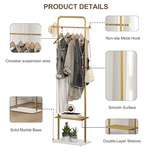 KaKaBB Gold Clothing Rack with Marble Base, 19.7-inch Freestanding Garment Organizer for Bedroom & Entryway