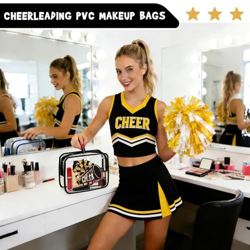 24 Pcs Cheerleader Gifts Bulk for Team 12 Cheer Makeup Bags and 12 Round Portable Mirror,7 x 4.7 x 2.4'' Cosmetic Bag for Women Party Favors Team Gifts (Black&Gold)
