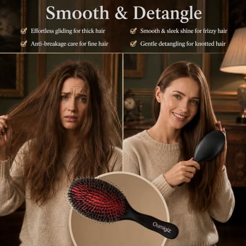 Large Boar Bristle Hair Brush for Thick & Curly Hair - Handmade Wooden Comb