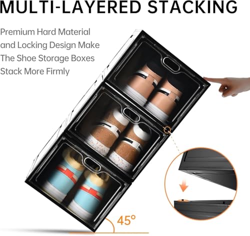 INSTY 12 Pack Black Stackable Clear Shoe Storage Boxes with Magnetic Doors - Fits US Size 12