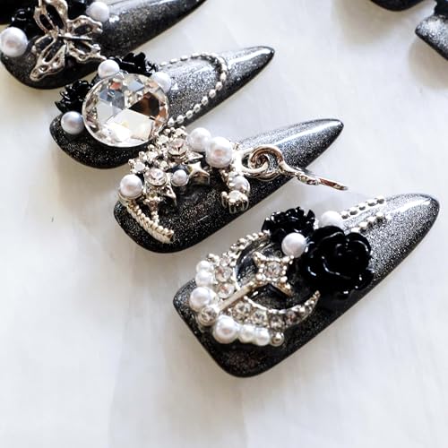 Luxury Long Stiletto Press-On Nails with Black Roses - S Black Rose Variation