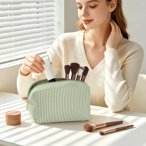 UUYUUY Makeup Bag Travel Toiletry Organizer Case, Small Green Stripe Cosmetic Pouch