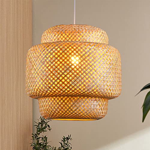 Bamboo Pendant Light - Large 16 Inch Woven Rattan Chandelier for Kitchen & Dining - Natural Boho Basket Style - Variation: Lantern