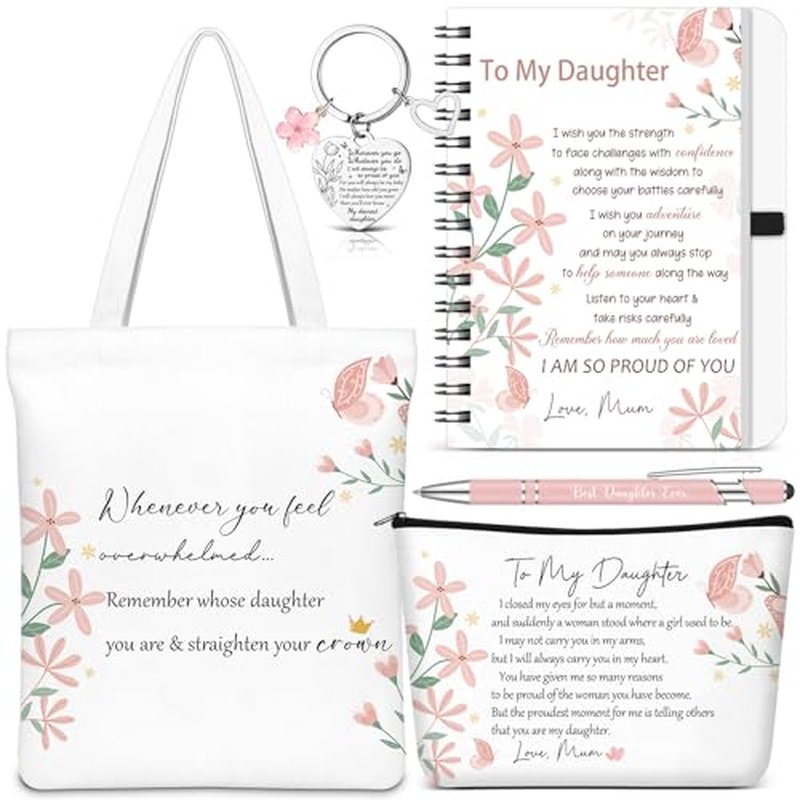 5 Pcs Daughter Valentines Day Gifts Set, Inspirational to My Daughter Gift with Tote Bag, Makeup Bag, Notebook, Ballpoint Pen & Keychain Congratulations Graduation Wedding Gift from Mom Dad