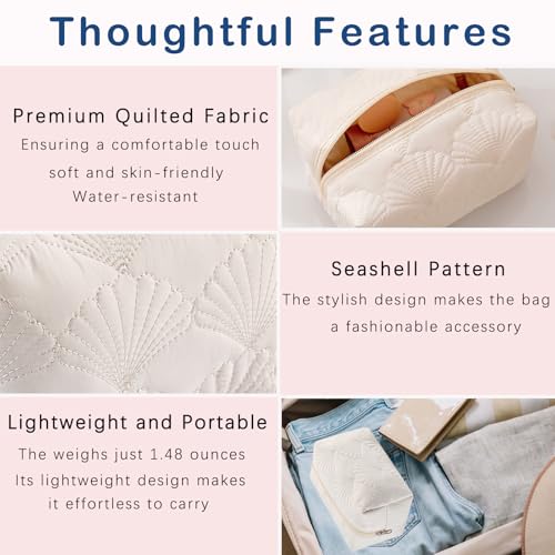 3-Pack Quilted Cotton Seashell Makeup Bags - Travel Toiletry Organizer, White (Variation 08)