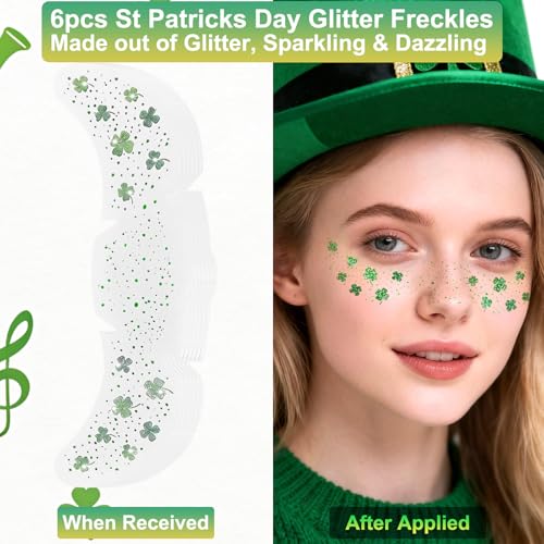 Mysense St Patricks Day Accessories,Shamrock Dangle Earrings,6PCS Glitter Freckles Temporary Tattoos Face Stickers,Irish Festival Green Accessories for Saint Patrick¡¯s Day Outfit Women Girls