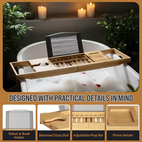 Bamboo Bathtub Caddy Tray - Adjustable Extending Wood Sides for Any Bath or Jacuzzi - Home-Complete