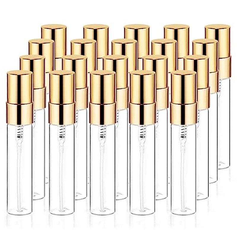 20Pcs 5ml Clear Glass Mist Spray Bottle Refillable Mini Perfume Atomizer Empty Travel Sample Bottle with Golden Aluminized Nozzle Makeup Container for Perfume,Liquid,Air Fresheners