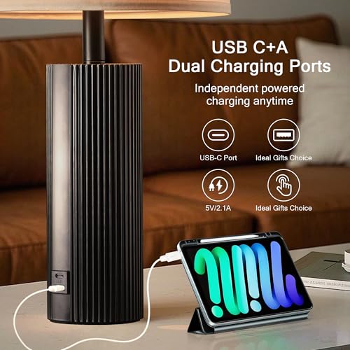 24.5-Inch Black Table Lamps Set of 2 with Touch Control & USB Charging Ports