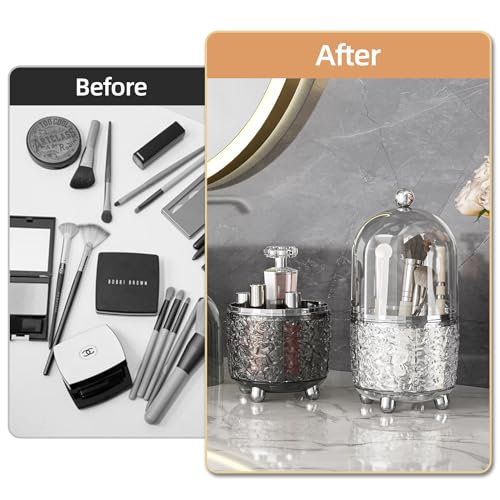 Makeup Brush Holder with Lid, 360¡Æ Rotating Cosmetic Tools Organizer with Cover, Dustproof Spinning Makeup Brush Organizer for Vanity, Ideal Gift for Girlfriend Wife Friends (Clear)