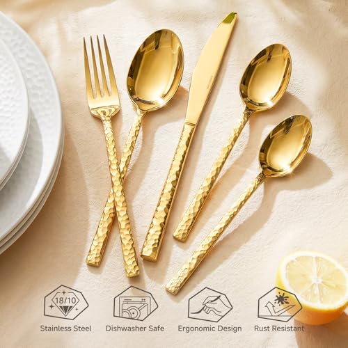 Gold Flatware Set for 8 - 40-Piece Hammered Stainless Steel Cutlery
