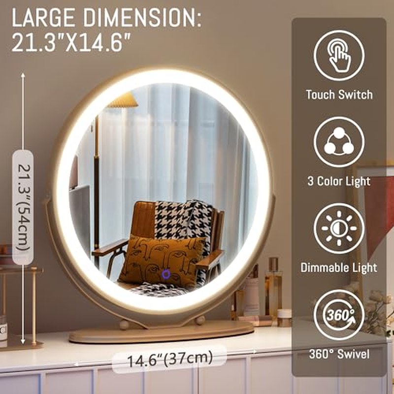 LVSOMT 20" Vanity Makeup Mirror with Lights, 3 Color Lighting Dimmable LED Mirror, Touch Control, 360¡ÆRotation, High-Definition Large Round Lighted Up Mirror for Bedroom Table Desk (Gold)