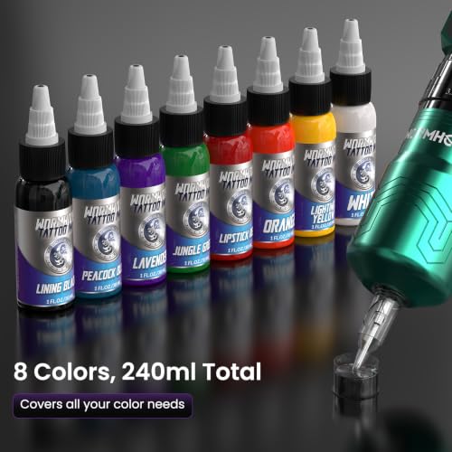 Wireless Tattoo Power Supply Kit with 2 Batteries & 8 Ink Colors - Green Variation