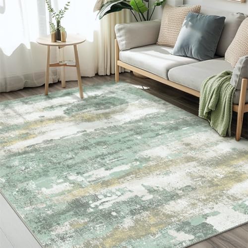 Light Green & Cream 6x9 Abstract Area Rug - Washable Non-Slip Bedroom Decor