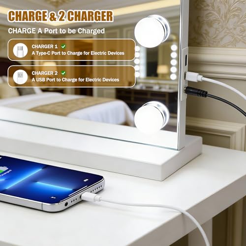 Vanity Mirror with Lights, 23"¡¿18" Large Hollywood Makeup Mirror with 15 Dimmable Bulbs, 3-Color Lighting, Dimmable, 10x Magnification, Desk Mirror, Bedroom (White)