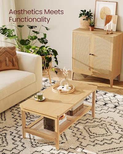 VASAGLE 2-Tier Coffee Table with PVC Rattan Storage Shelf - Oak Beige