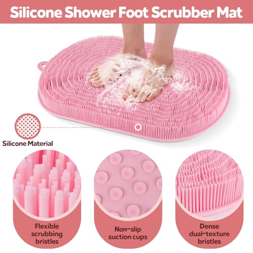 Silicone Shower Foot Scrubber Mat 21x14 Inch Pink Non-Slip Bath Mat