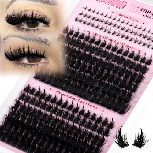 Fluffy Lash Clusters with Bottom Lashes Spikes Eyelashes Manga Eyelash Clusters 12-22MM Volume Lash Extension with Individual Lashes DIY at Home for Beginner