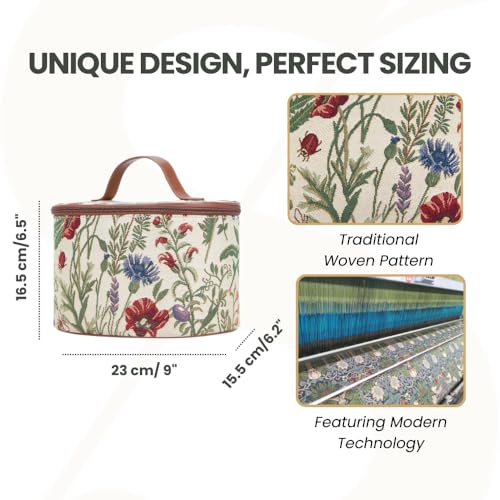 Signare Tapestry Toiletry Bag Makeup Organizer bag for Women with Sunflower Poppy Butterfly Dragonfly Morning Garden Design (TOIL-MGD)