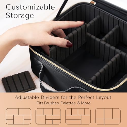 Makeup Bag with LED Mirror ? Travel Cosmetic Organizer with Lighted Mirror, Adjustable Dividers & Brush Holder Storage ? Portable PU Leather Makeup Case for Women & Girls - Black