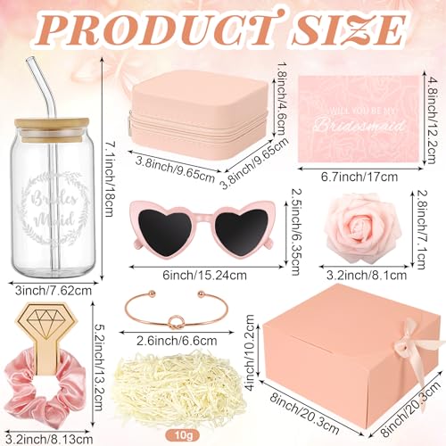 9 Pcs Bridesmaid Proposal Gifts - Will You Be My Bridesmaid Kit with Elegant Box Jewelry Box Glass Cup Invited Cards Knotted Bracelets Sunglasses Scrunchies Raffia Grass (Pink)