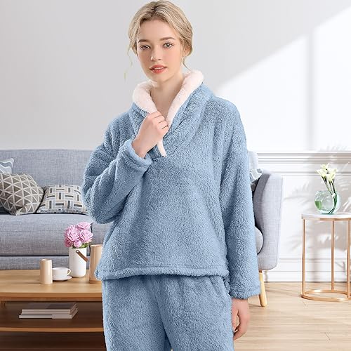 Fluffy Pajamas for Women Set Soft Comfy Fleece Pjs Pullover Pants Loose Plush 2 Piece Sleepwear Fuzzy for Winter