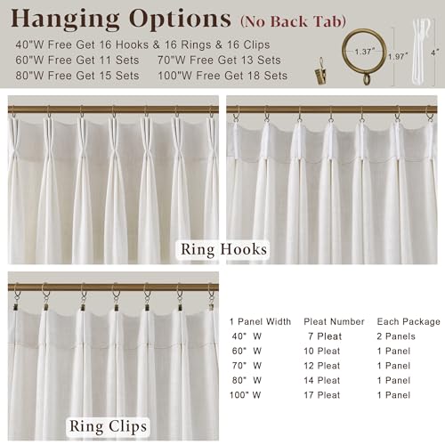 40W x 90L Linen Curtain Set - Natural Cream Triple Pinch Pleated Drapes for Living Room, 2 Panels