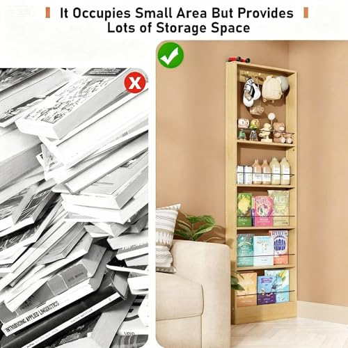 Kids Wooden Behind Door Bookshelf - 5-Tier Oak Storage with Hooks 23.6''L