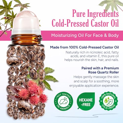 120ML Organic Castor Oil with Rose Quartz Roller - Pure Cold-Pressed Skin & Hair Nourishment