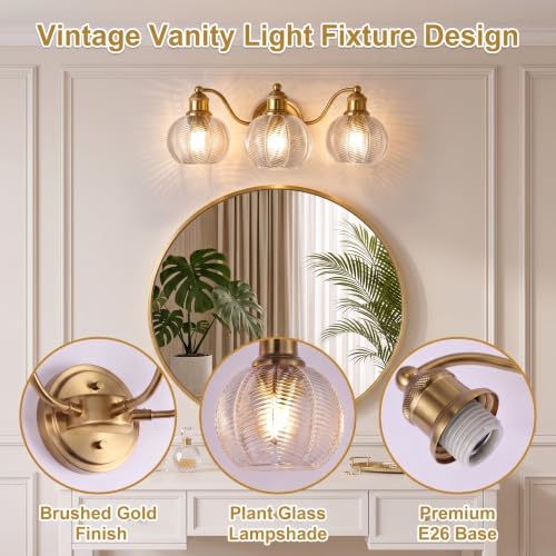 Gold 3-Light Vintage Bathroom Vanity Light Fixture with Clear Globe Shades - Reversible Wall Sconce